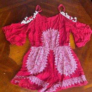 Red Cold Shoulder Romper with White Embroidery